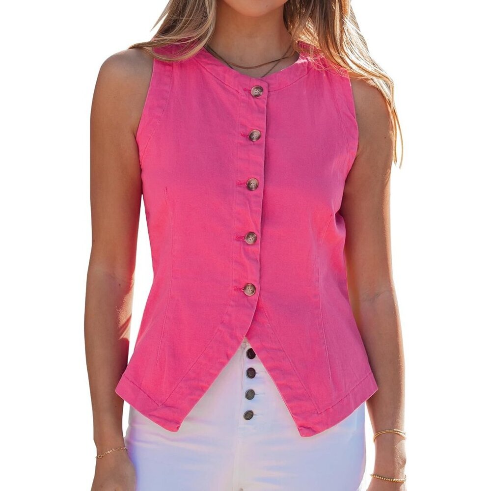 Women's Hot Pink Sleeveless Strechy Jean Vest Top Button Down Denim Vest